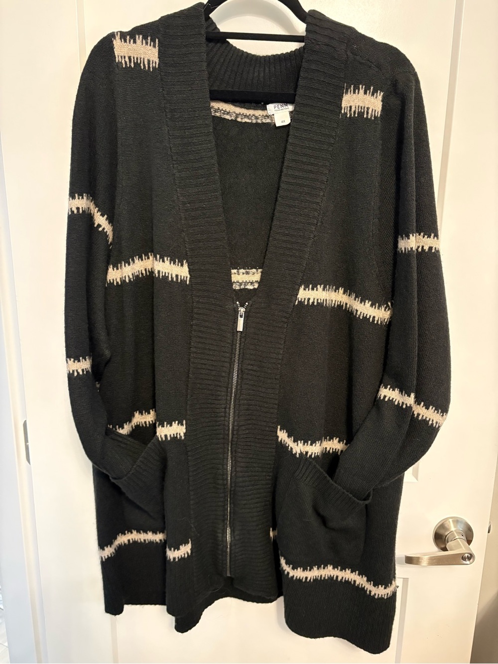 Penningtons Black Zip Tunic Cardigan with Cream Accent Stripes